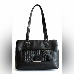 La Diva | Black Croc-Embossed Genuine Leather Multi Compartment Women's Handbag